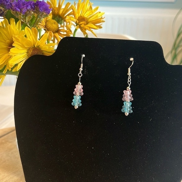 Pink and Blue Mini Gummy Bear Dangle Earrings - Picture 1 of 4